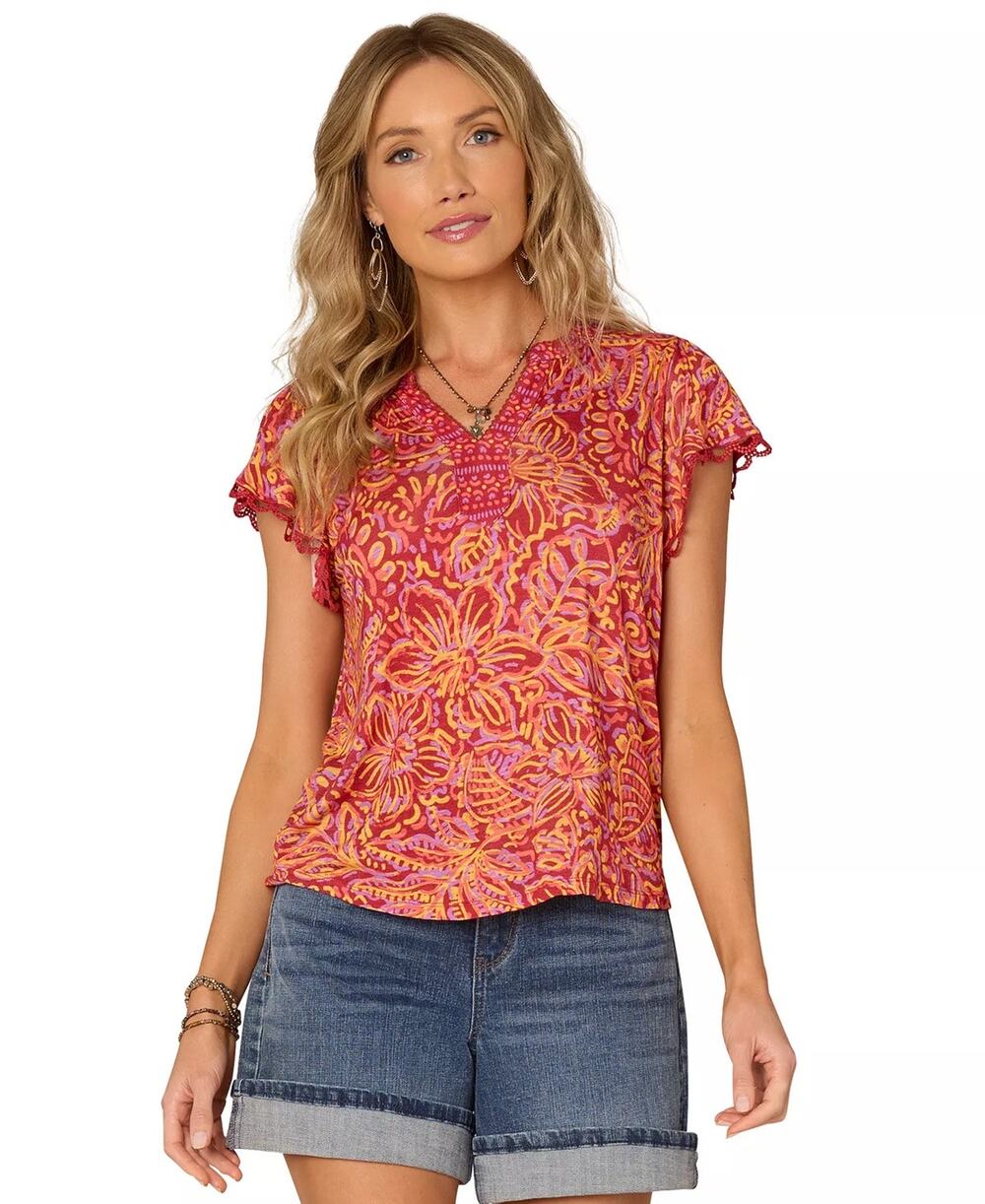 Democracy Petite Flutter-Sleeve Printed Knit Top in Cashmere Red Multi